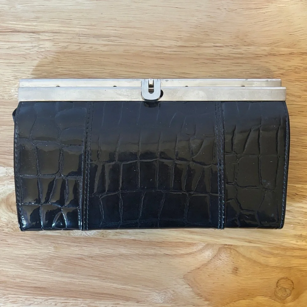 Woman’s Vintage Black Croc Clutch Wallet with Silver Frame